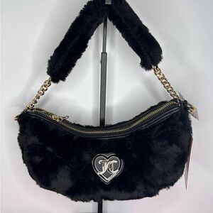 Juicy Couture Black Faux Fur Shoulder Bag with Gold Chain Accent